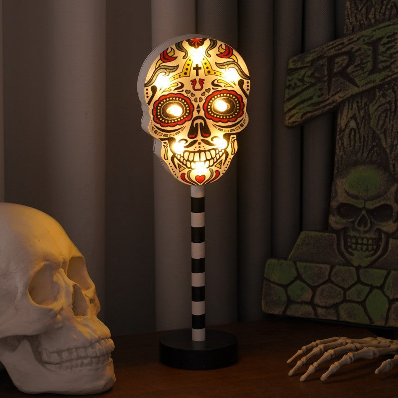 Lampe bois LED citrouille et crâne, Halloween