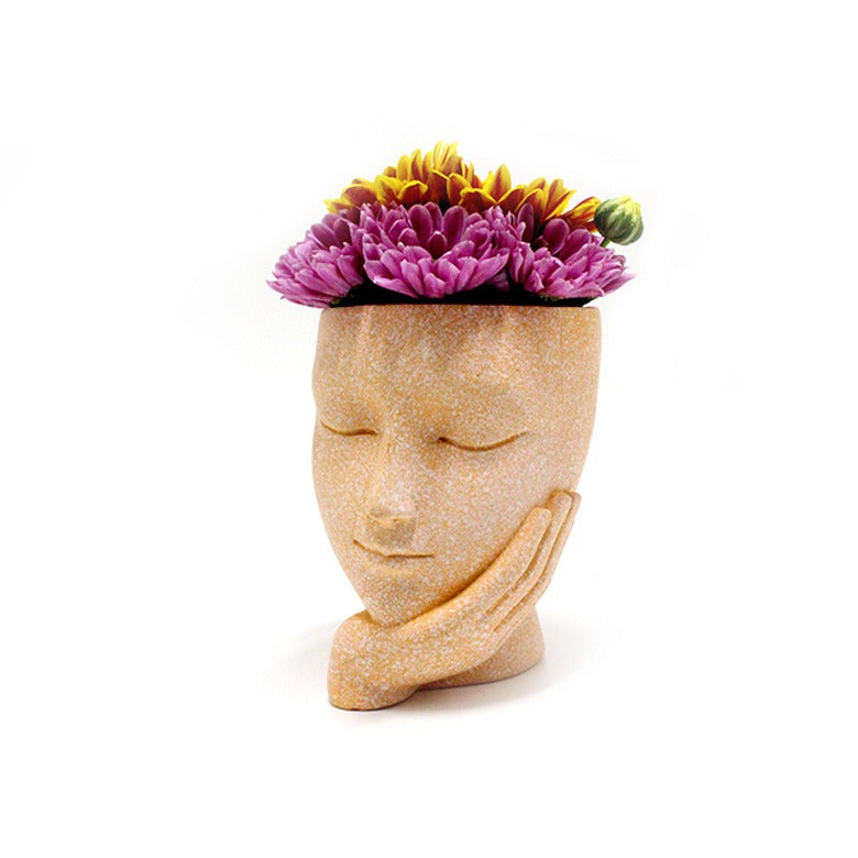 Décoration pot de fleur visage fillette, résine