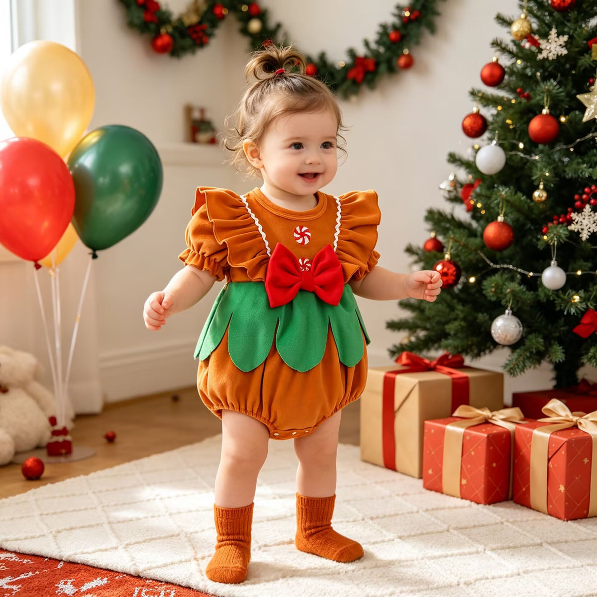 Barboteuse bébé fille motif Noël, manches lanterne