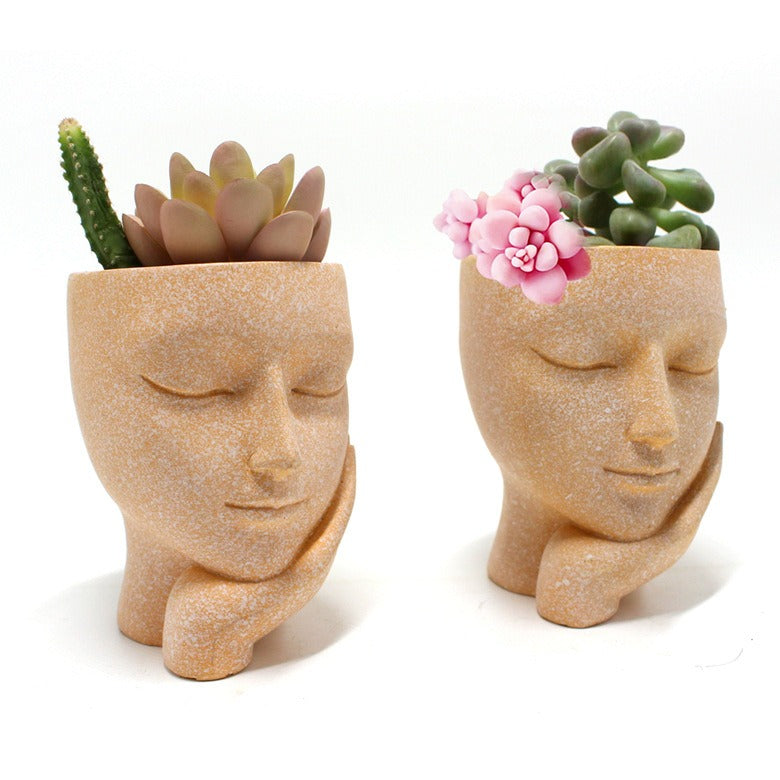 Décoration pot de fleur visage fillette, résine