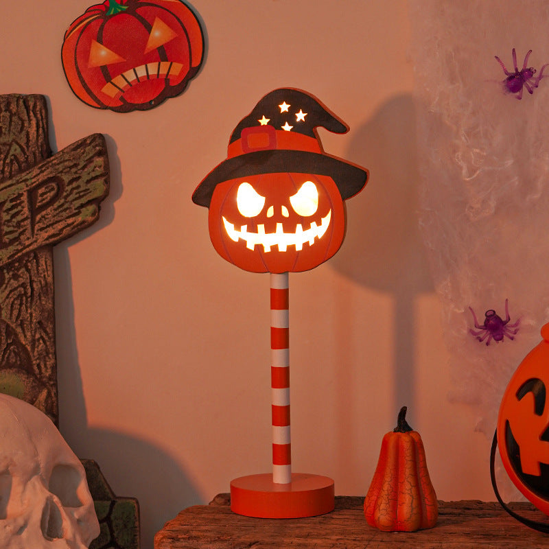 Lampe bois LED citrouille et crâne, Halloween