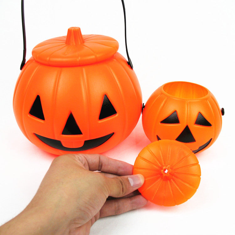 Halloween Glowing Decorative Plastic Portable Jack-o-Lantern Candy Jar For Children's Performance Props With Lid Pumpkin Bucket