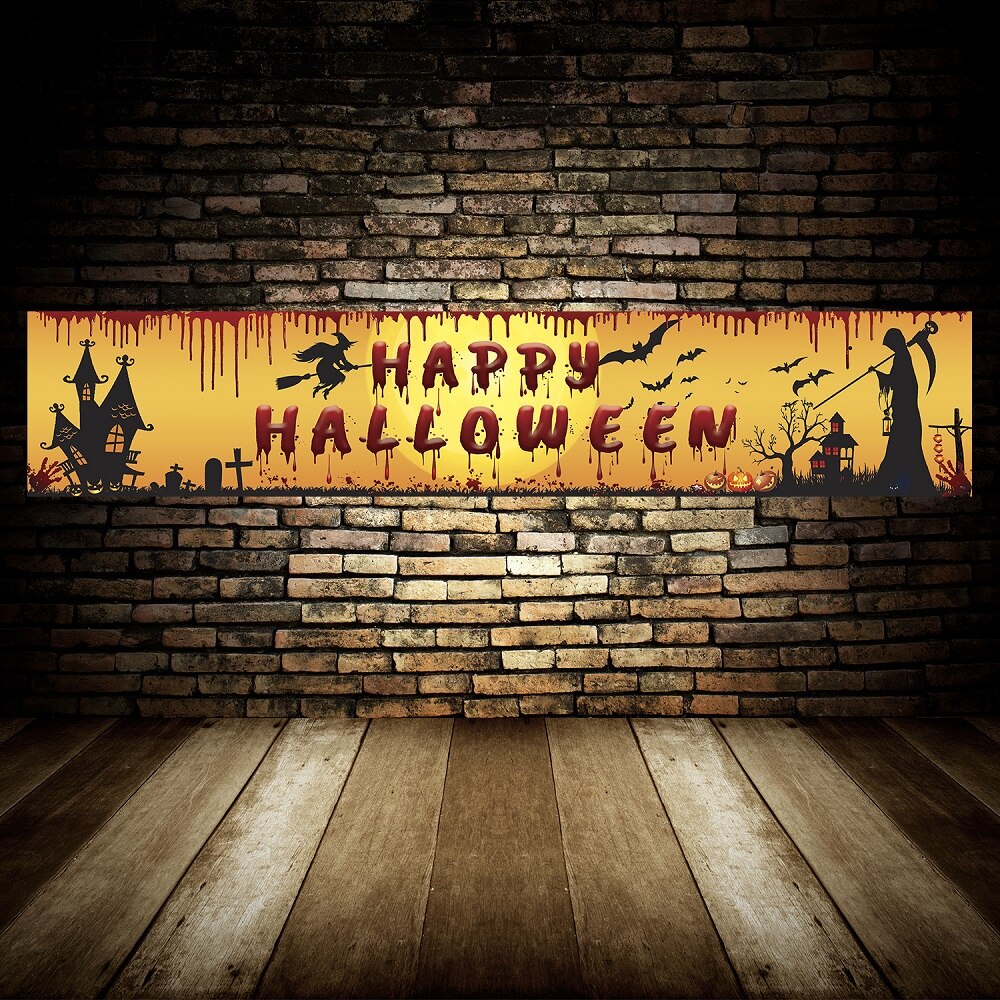 Banderole Happy Halloween, chauve-souris et citrouille