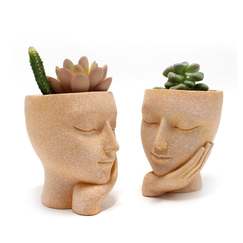 Décoration pot de fleur visage fillette, résine