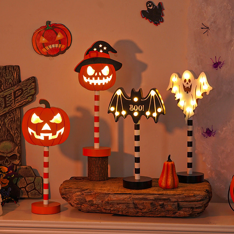 Lampe bois LED citrouille et crâne, Halloween