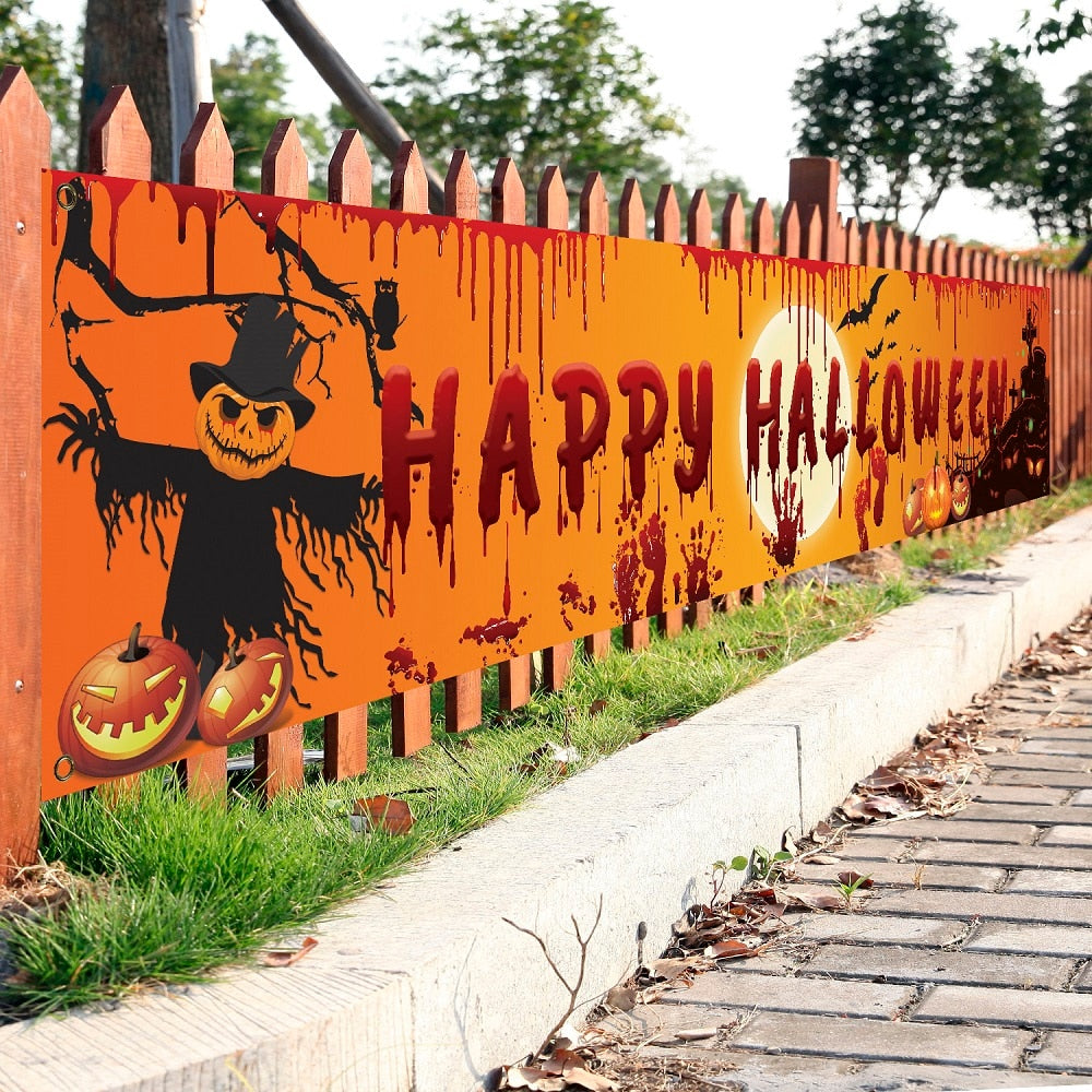 Banderole Happy Halloween, chauve-souris et citrouille