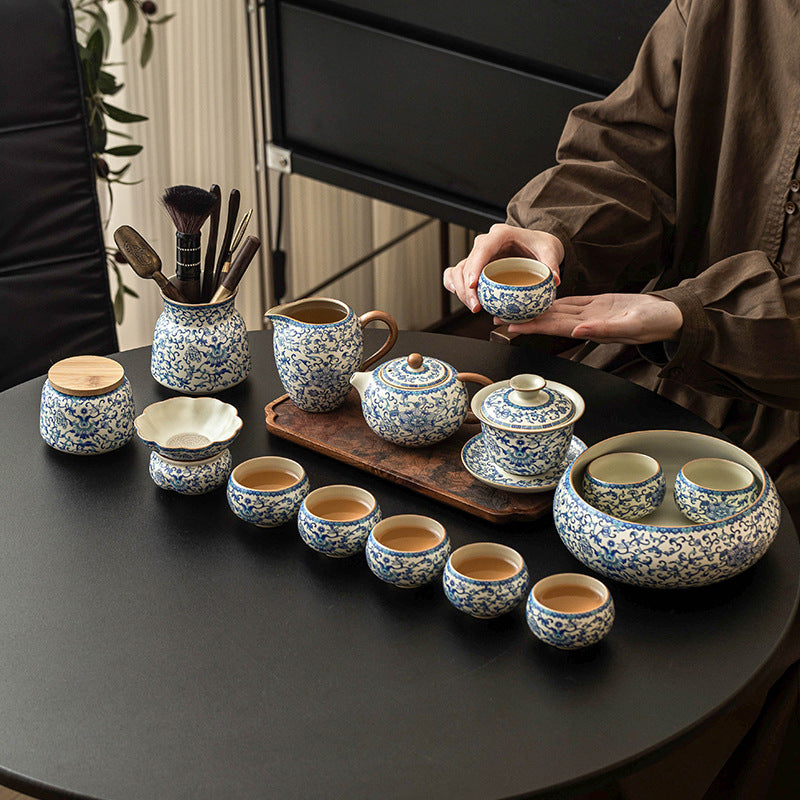 Service à thé Kung Fu, motif lotus bleu et blanc
