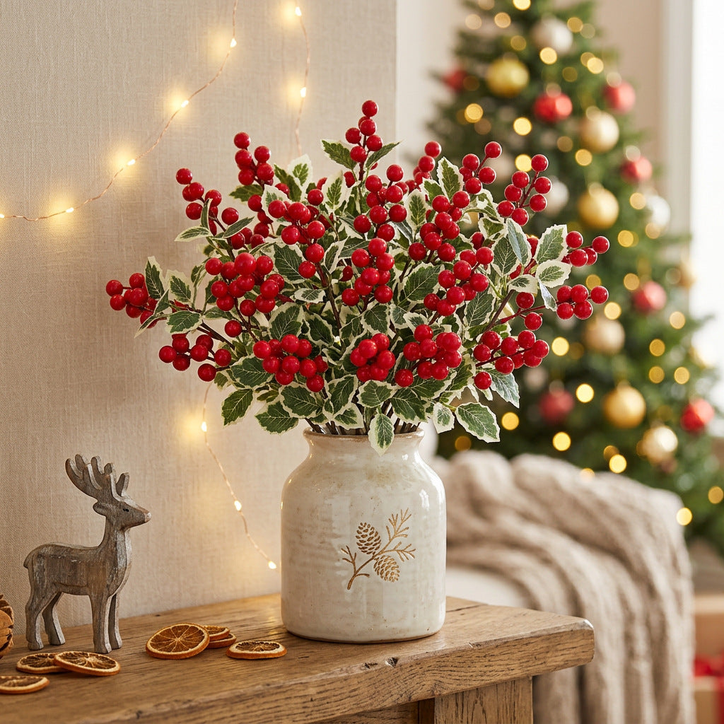 Baie rouge artificielle, tige déco de Noël